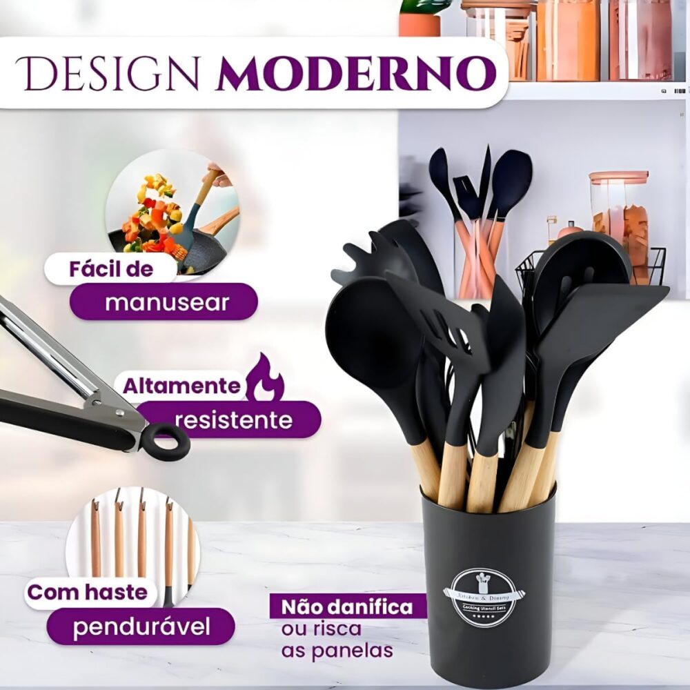 Kit 12 Utensílios de Cozinha em Silicone Cabo Madeira Conjun... - Image 2