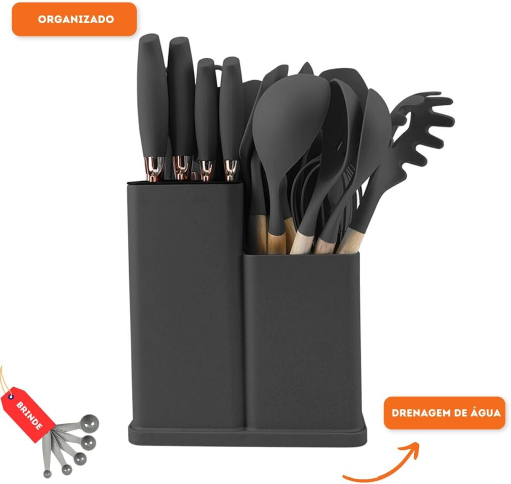 Kit 19 Utensílios De Cozinha Com Cabo De Madeira E Silicone ... - Image 6