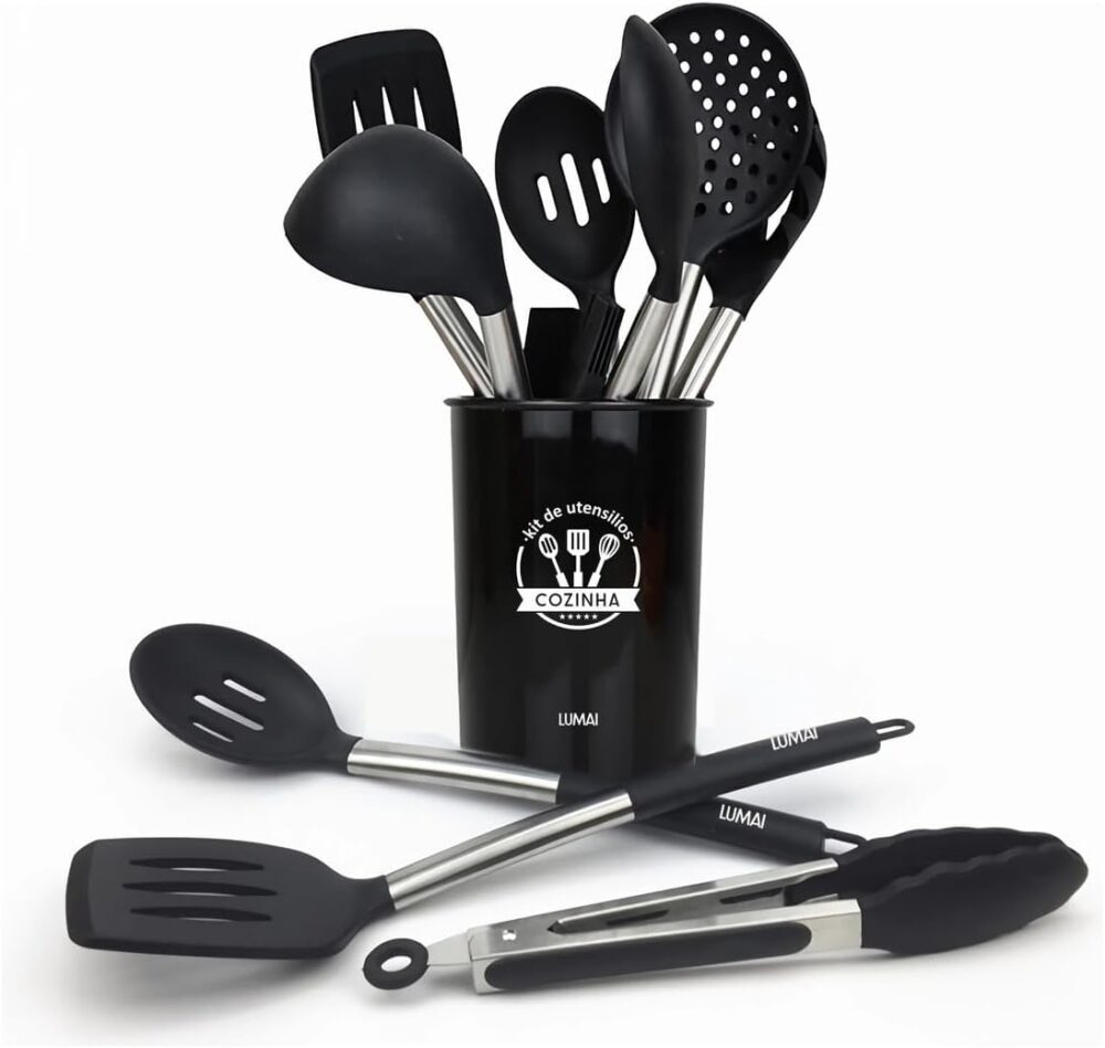 Conjunto 10 Utensilios De Cozinha Silicone C/Cabo Aço Inox L...