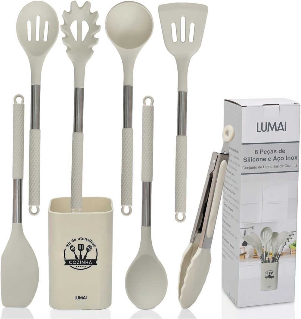 Kit de 8 Utensílios de Cozinha Grandes em Silicone e Inox - ...