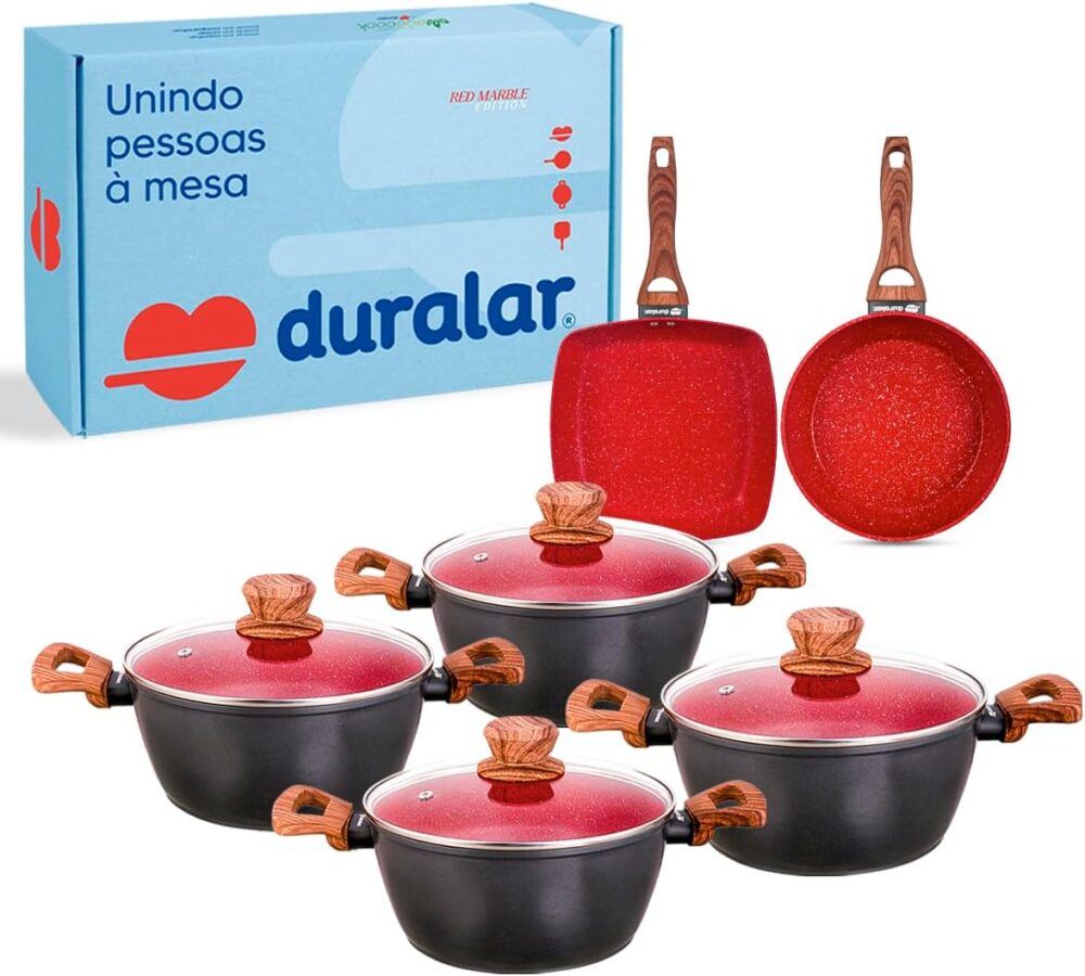 Jogo de Panelas de Cerâmica Vermelho, 6 Peças, com Revestime...