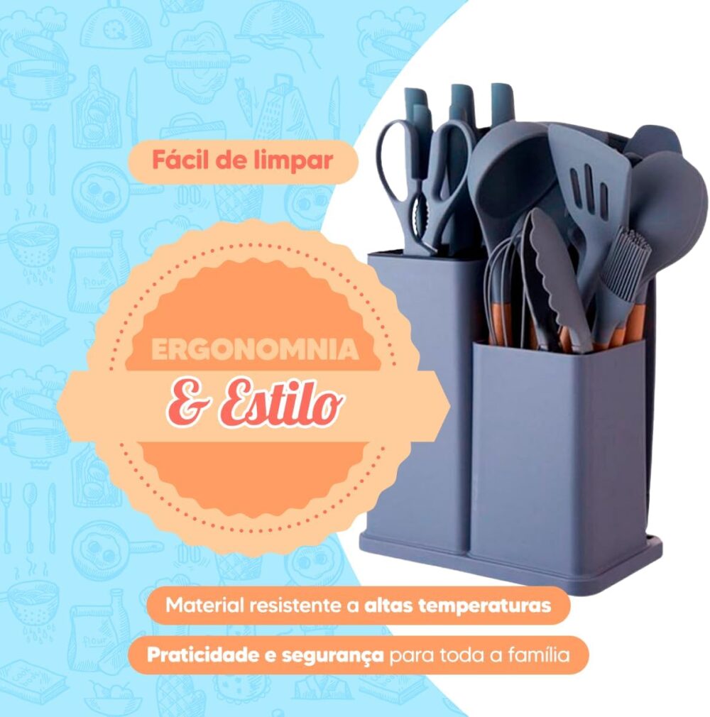 Utensilios para Cozinha Silicone Kit com 19 Peças Cabo Madei... - Image 5