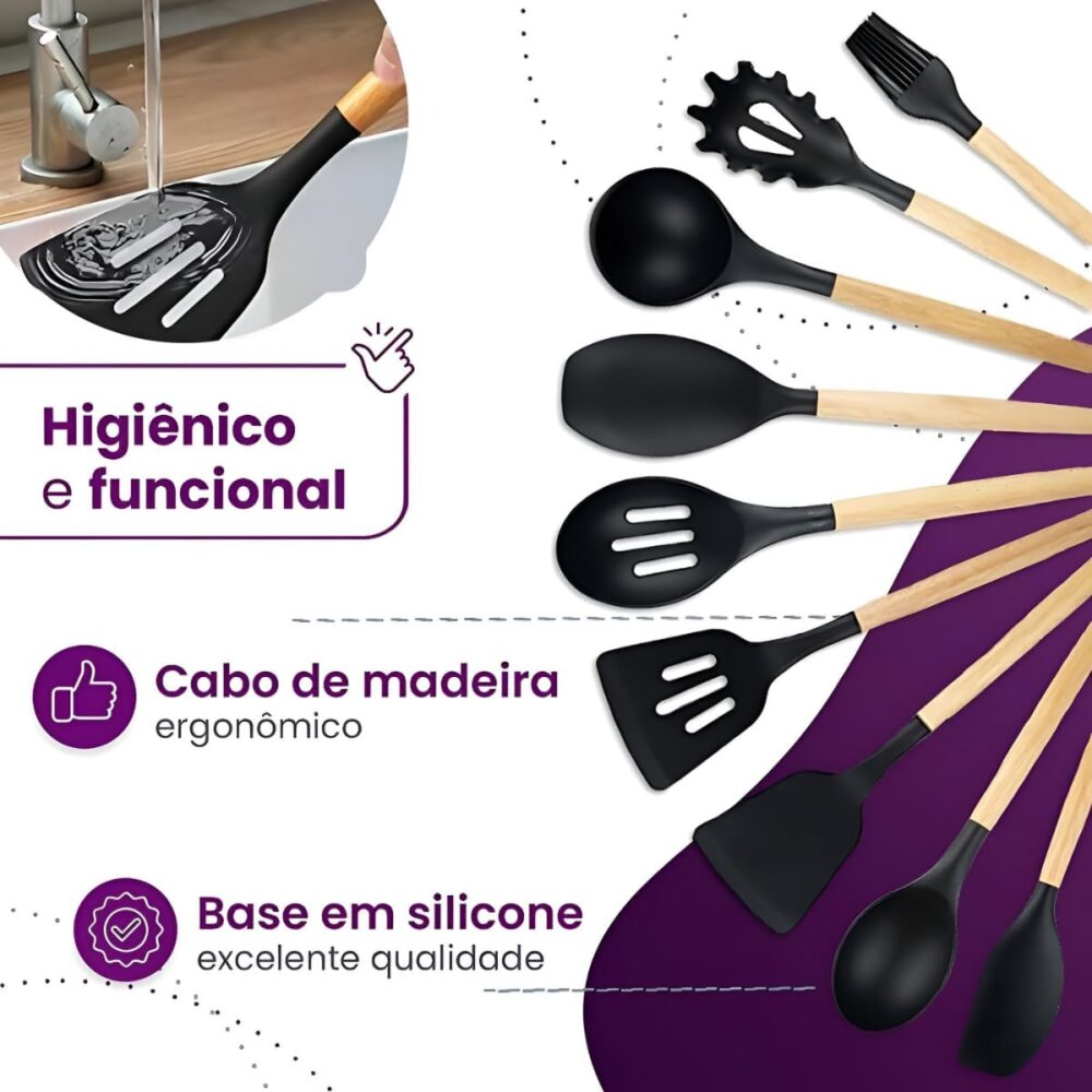 Kit 12 Utensílios de Cozinha em Silicone Cabo Madeira Conjun... - Image 3