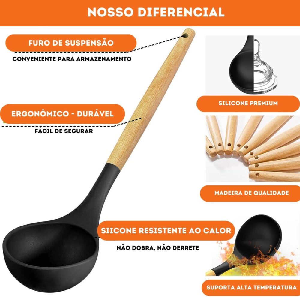Kit 19 Utensílios De Cozinha Com Cabo De Madeira E Silicone ... - Image 8