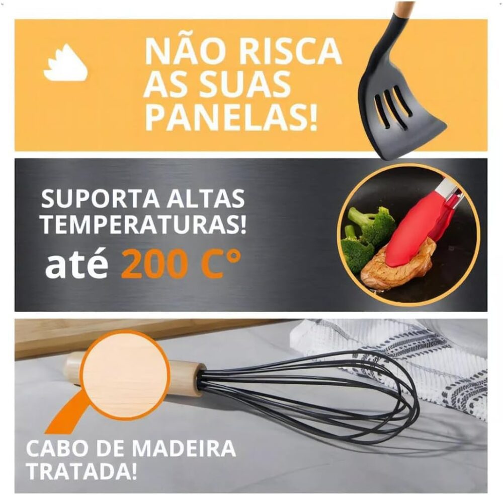Conjunto Kit 12 peças Utensílios de Cozinha Em Silicone e Ca... - Image 3