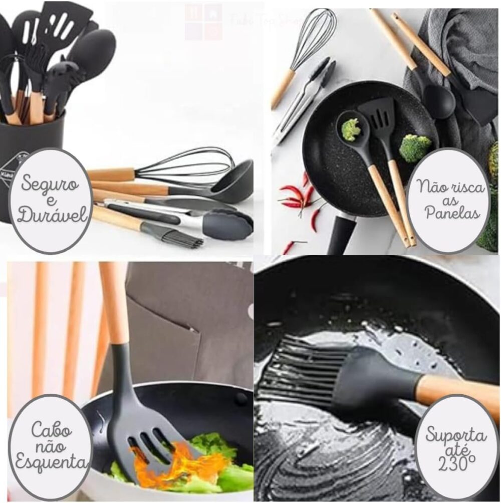Conjunto de Utensílios de Cozinha em Silicone e Cabo de Made... - Image 4