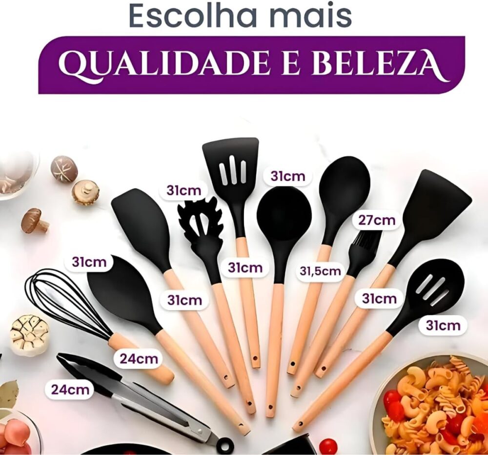 Kit 12 Utensílios de Cozinha em Silicone Cabo Madeira Conjun... - Image 4