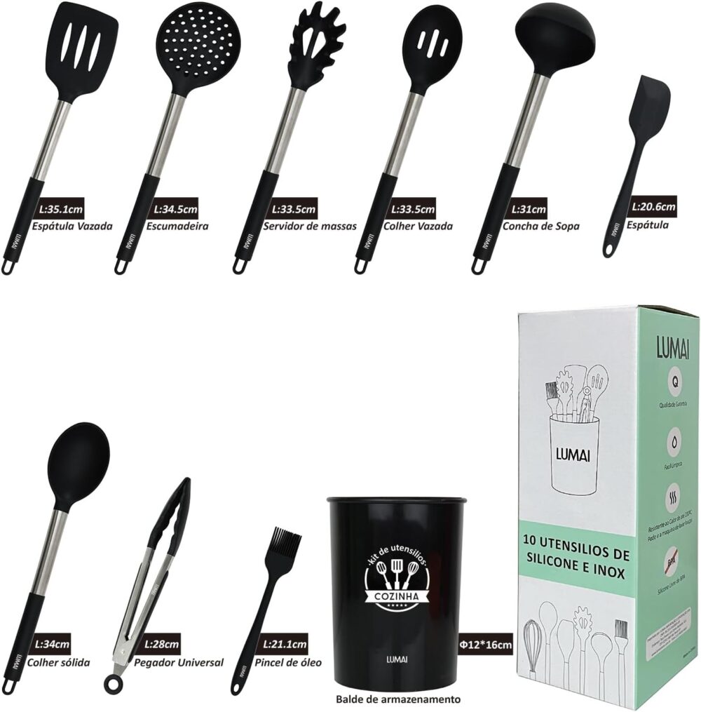Conjunto 10 Utensilios De Cozinha Silicone C/Cabo Aço Inox L... - Image 4