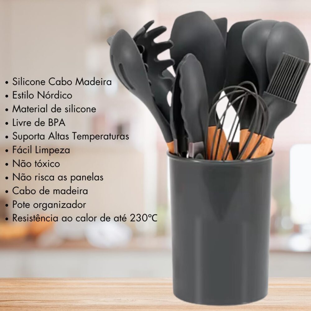 Kit 12 Utensílios De Cozinha Em Silicone E Cabo De Madeira J... - Image 3