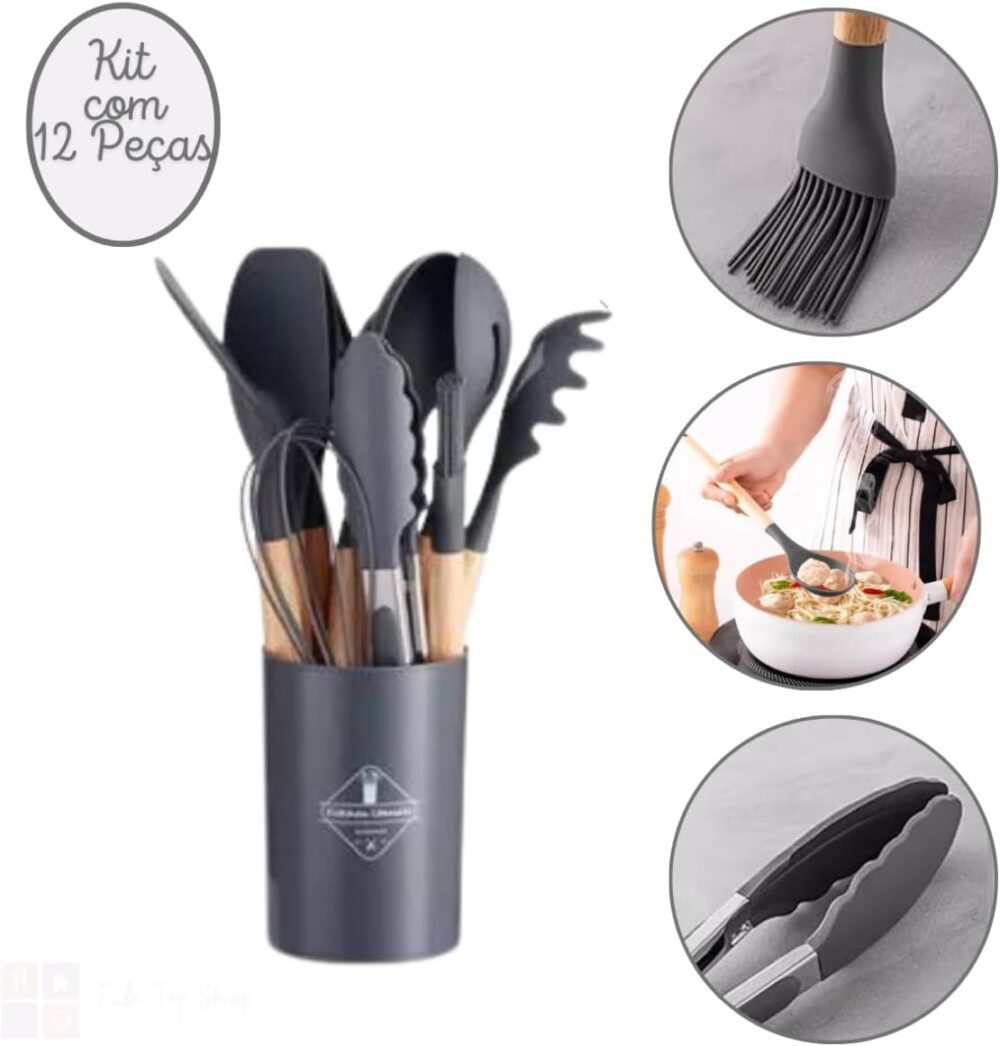 Conjunto de Utensílios de Cozinha em Silicone e Cabo de Made... - Image 2