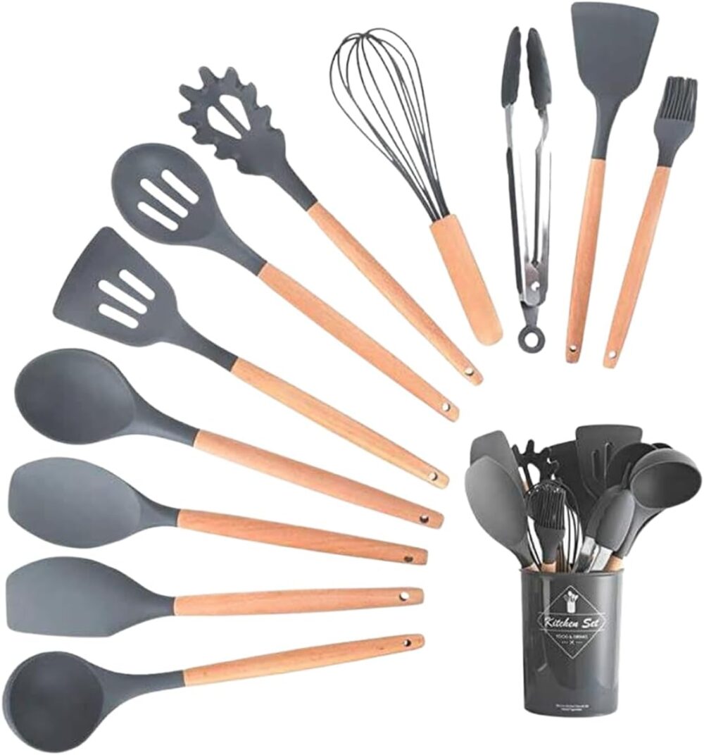 Kit 12 Utensílios De Cozinha Em Silicone E Cabo De Madeira J...