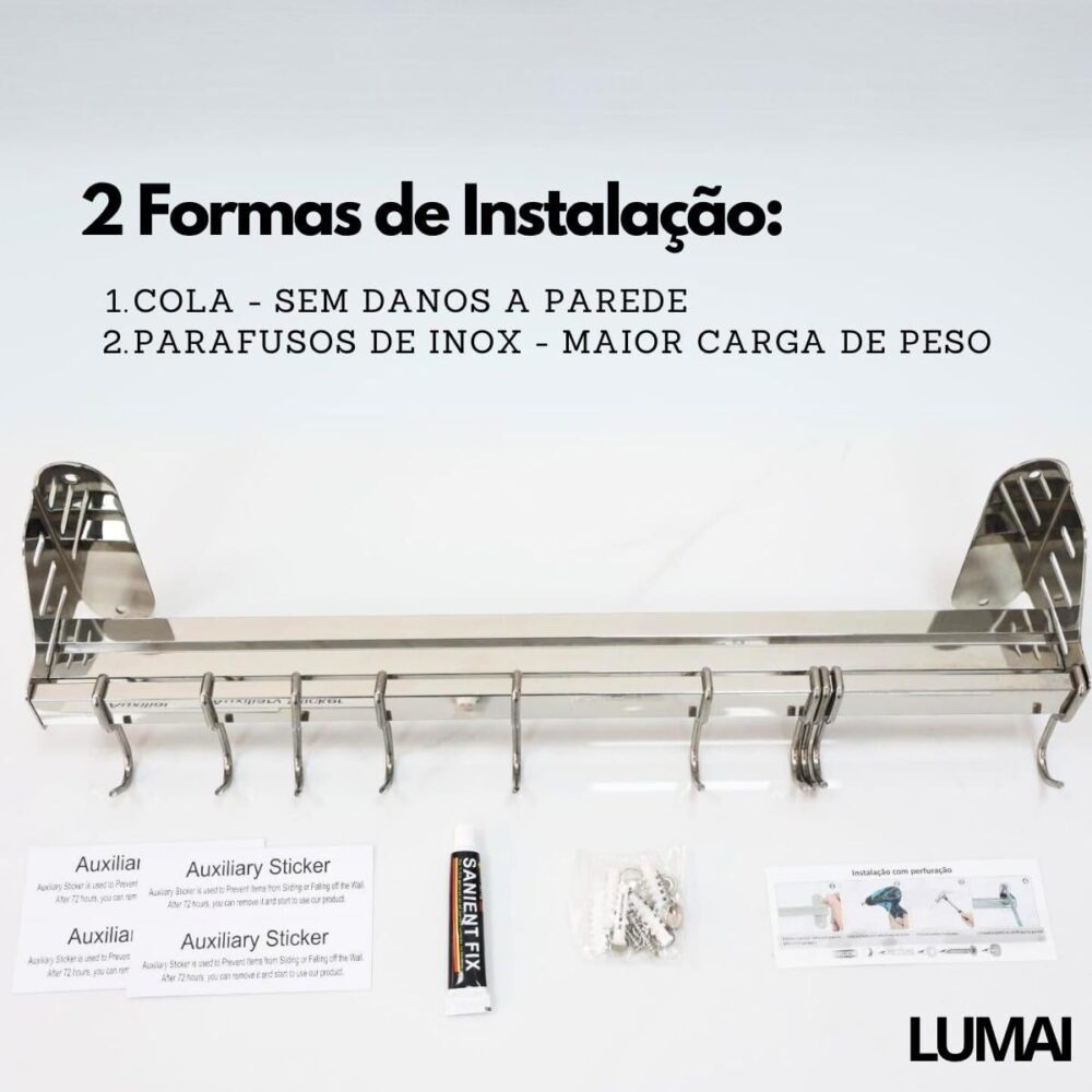 Suporte para Utensilios de Cozinha 10 Ganchos Inox Dupla Ins... - Image 6