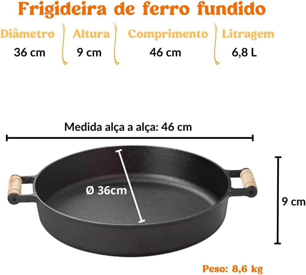 Frigideira Grande Com Tampa Alça madeira 36 Cm Ferro Fundido - Image 2