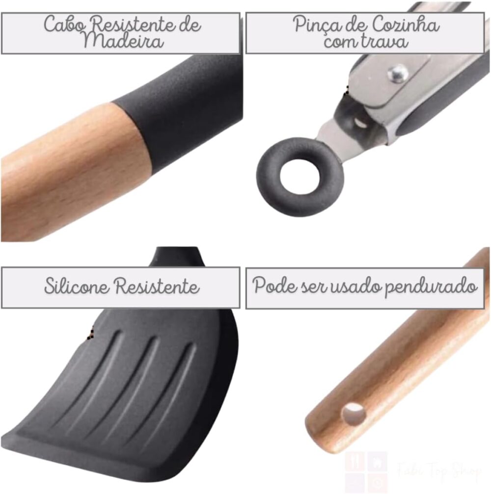 Conjunto de Utensílios de Cozinha em Silicone e Cabo de Made... - Image 3