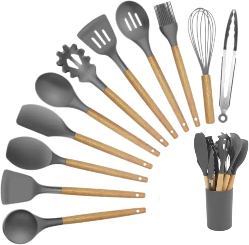 Conjunto de Utensílios de Cozinha em Silicone e Cabo de Made...