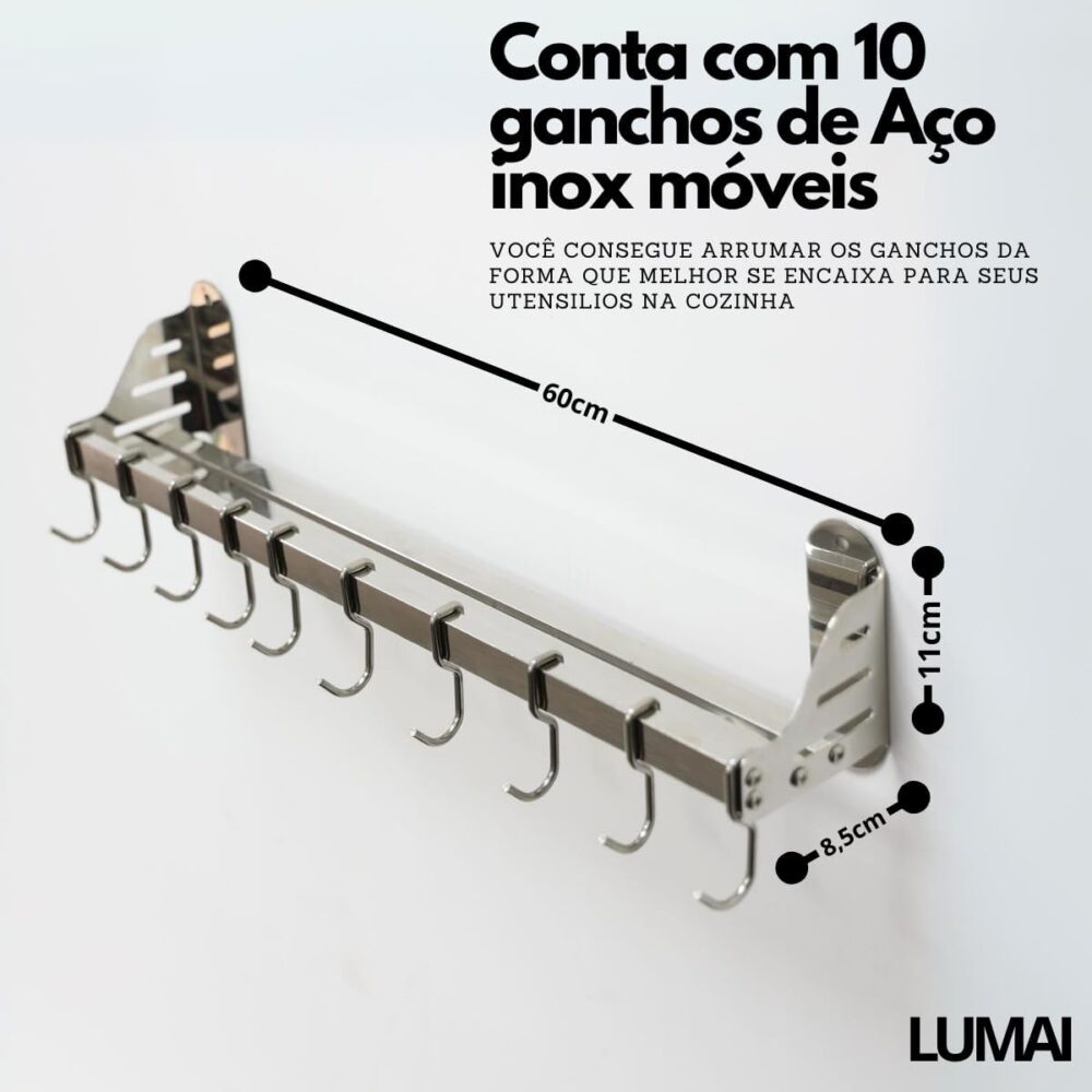 Suporte para Utensilios de Cozinha 10 Ganchos Inox Dupla Ins... - Image 5