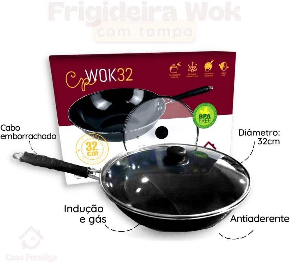 Panela Wok Antiaderente 5L Preta com tampa - Casa Prestige - Image 2