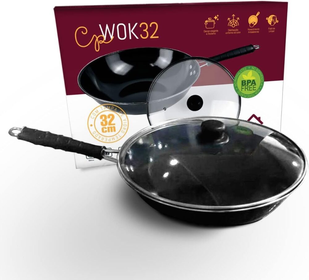 Panela Wok Antiaderente 5L Preta com tampa - Casa Prestige
