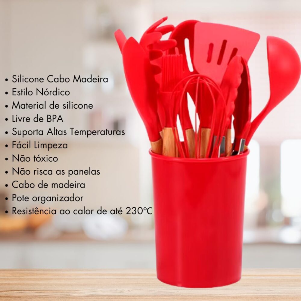 Kit 12 Utensílios De Cozinha Em Silicone E Cabo De Madeira J... - Image 4