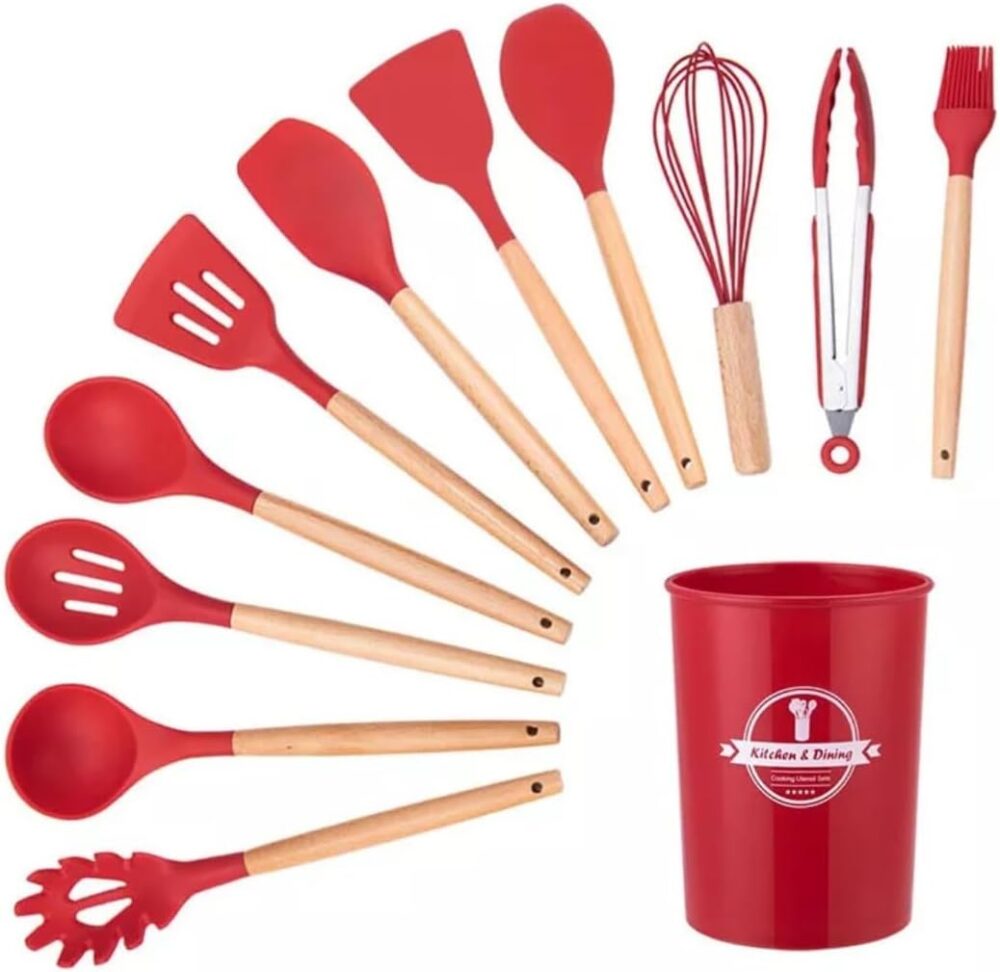 Kit 12 Utensílios De Cozinha Em Silicone E Cabo De Madeira J...