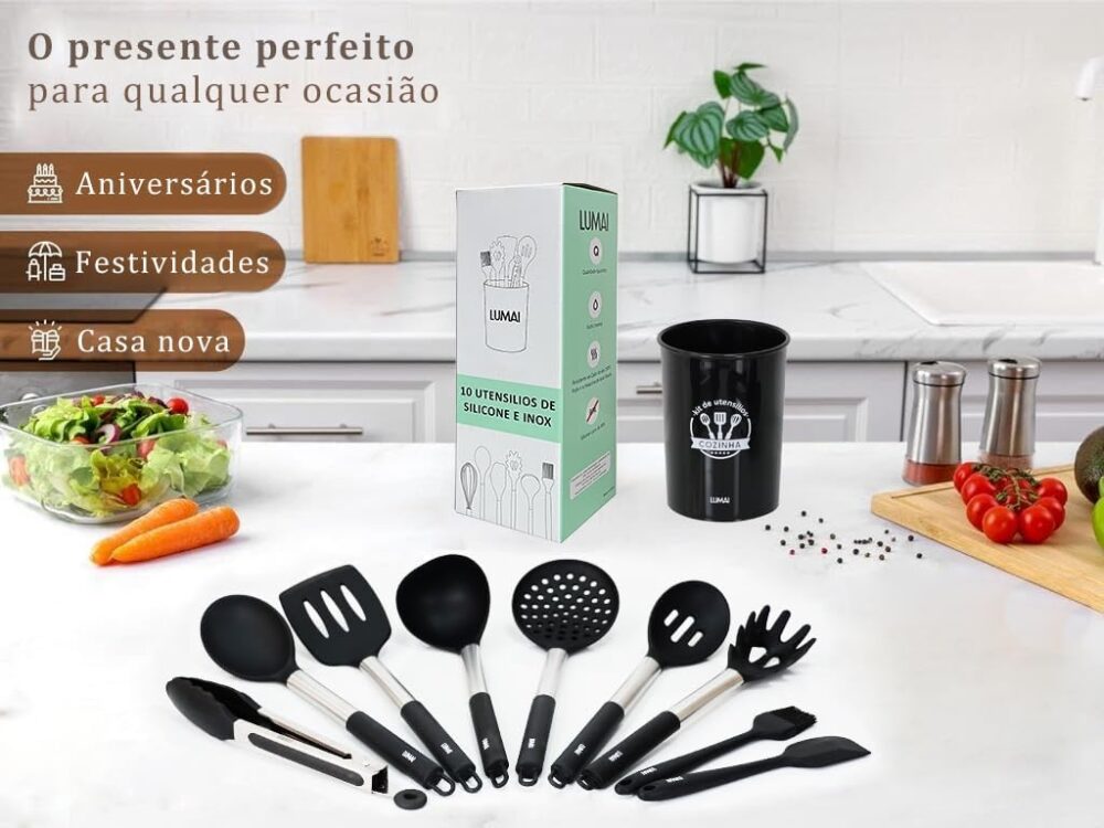 Conjunto 10 Utensilios De Cozinha Silicone C/Cabo Aço Inox L... - Image 5