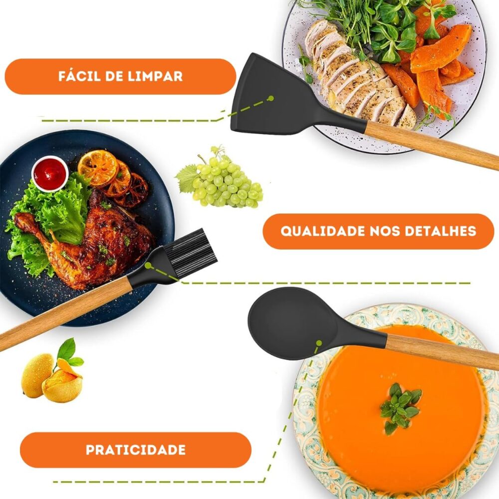 Kit 19 Utensílios De Cozinha Com Cabo De Madeira E Silicone ... - Image 7