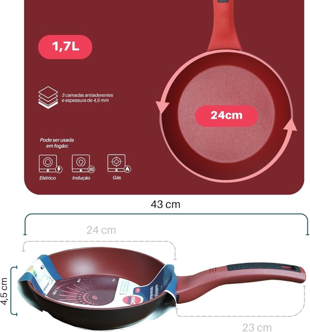 Frigideira Antiaderente Indução 24cm Fundo Triplo Vermelha -... - Image 3