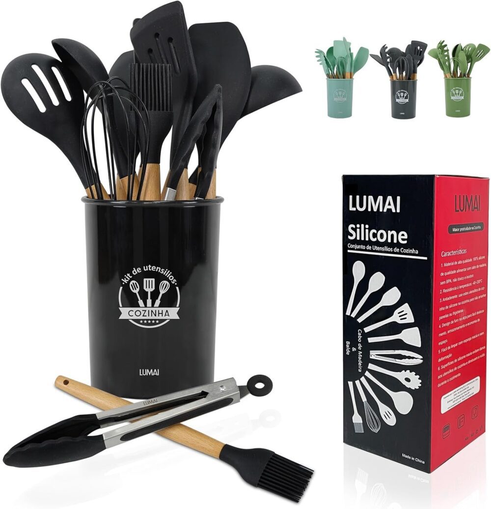 Kit 12 Utensílios De Cozinha Em Silicone E Cabo De Madeira L...
