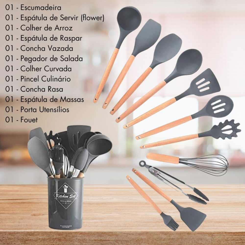 Kit 12 Utensílios De Cozinha Em Silicone E Cabo De Madeira J... - Image 4