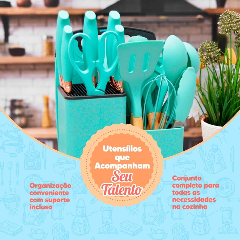 Utensilios para Cozinha Silicone Kit com 19 Peças Cabo Madei... - Image 6