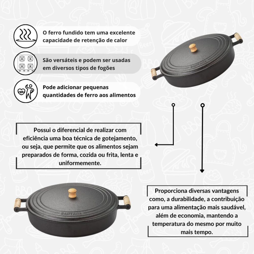 Frigideira Grande Com Tampa Alça madeira 36 Cm Ferro Fundido - Image 3