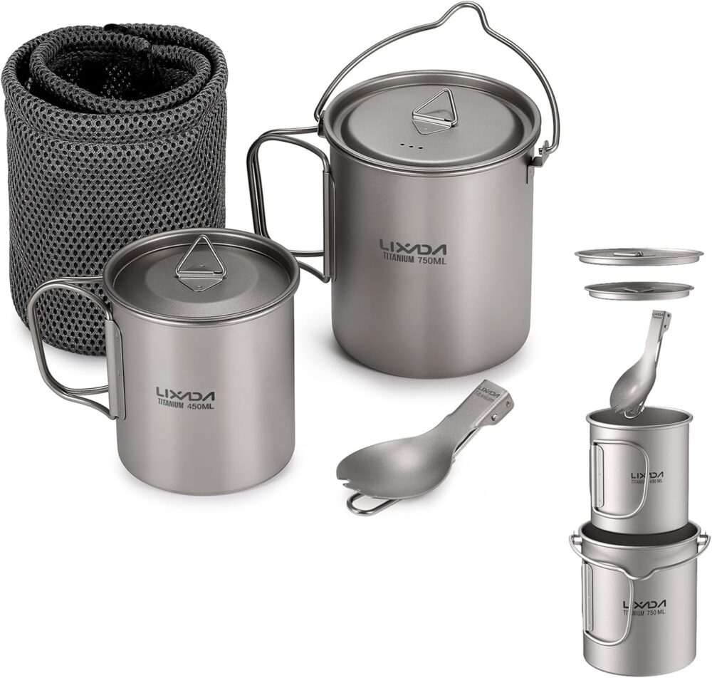 Lixada Pote de titânio para acampamento, pote de titânio de ...