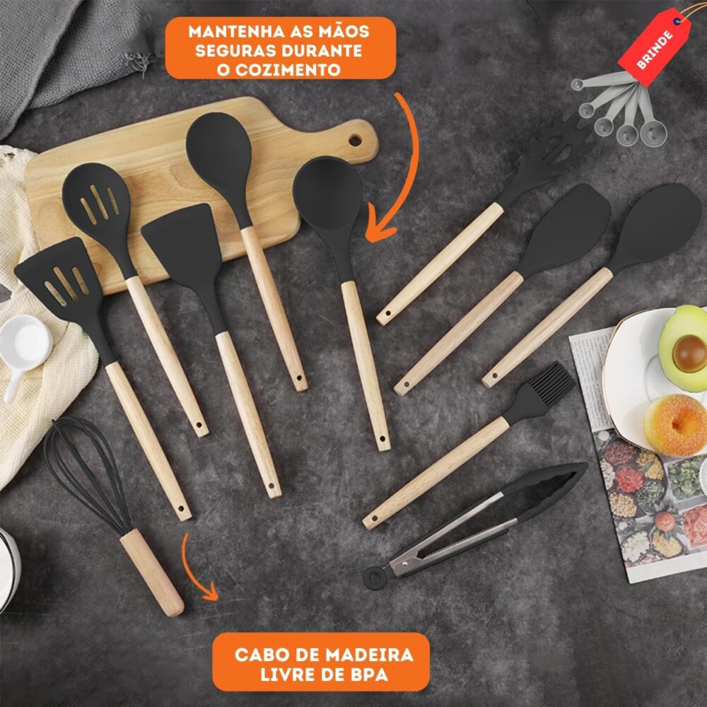 Kit 19 Utensílios De Cozinha Com Cabo De Madeira E Silicone ... - Image 3