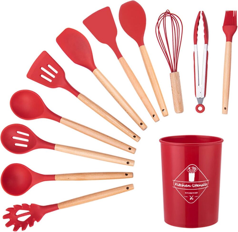 Conjunto de Utensílios de Cozinha de Silicone com Cabo de Ma...