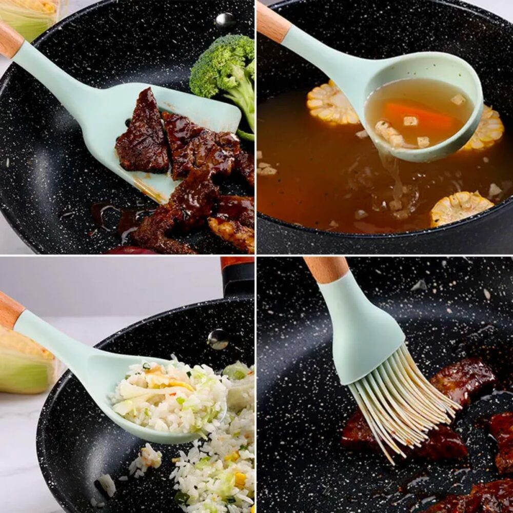Jogo Utensílios Cozinha Silicone Cabo Madeira Antiaderente A... - Image 3