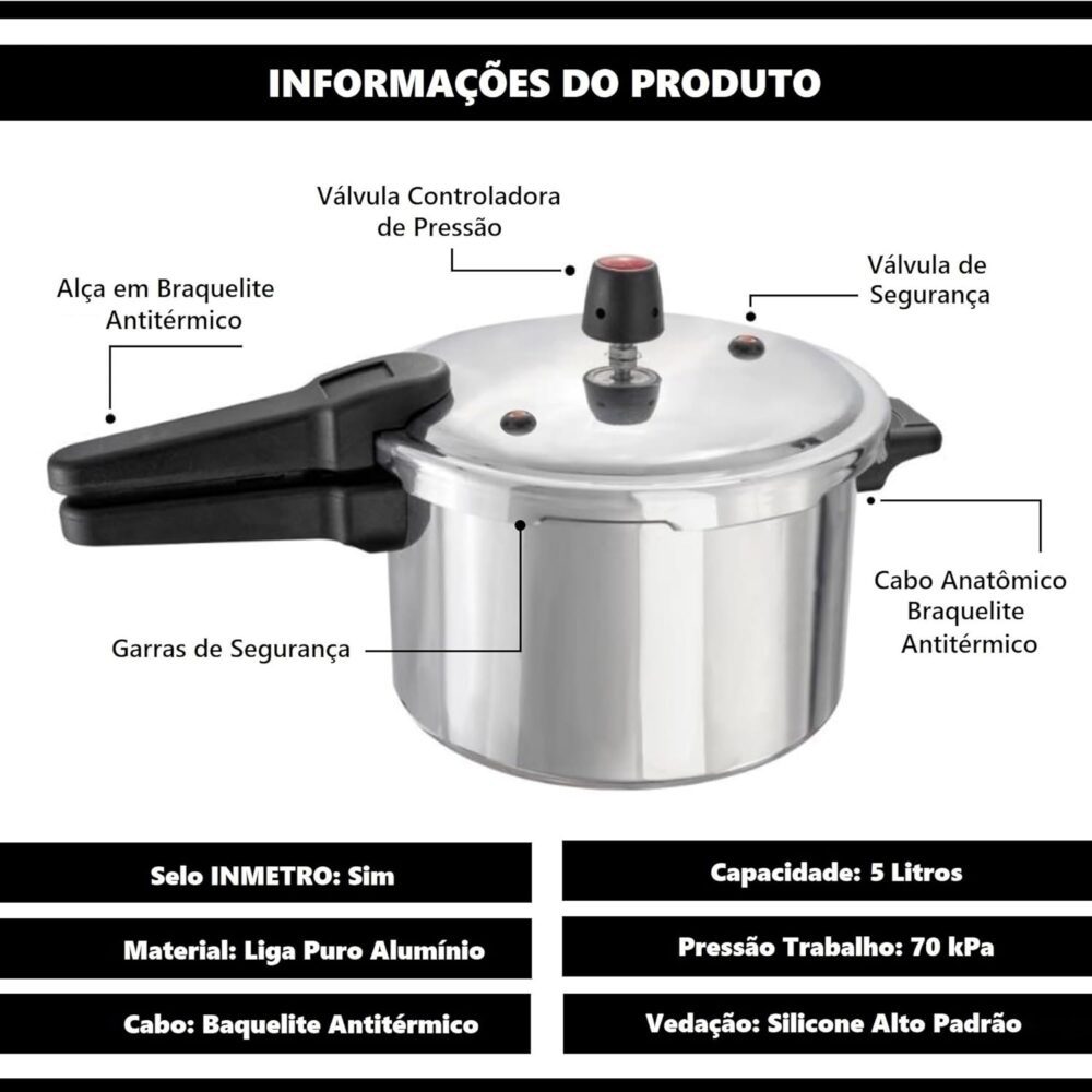 Panela De Pressão 5 Litros Fechamento Externo Polida Alumíni... - Image 3