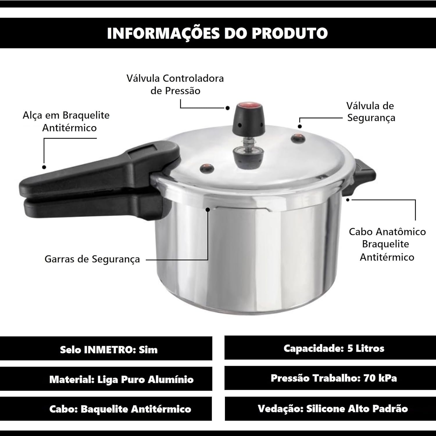Panela De Pressão 5 Litros Fechamento Externo Polida Alumíni... - Image 3