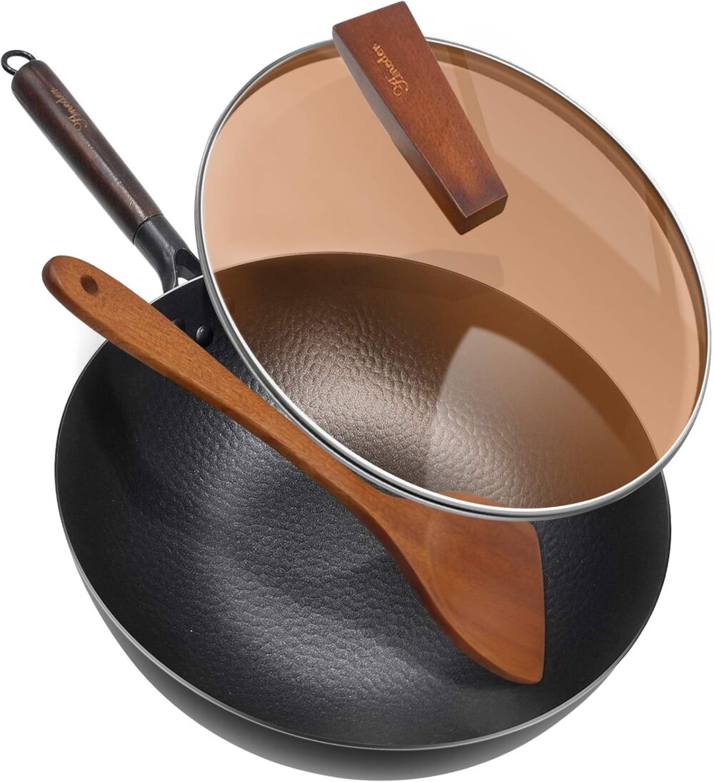 Frigideira Wok de aço carbono com tampa e espátula de madeir...