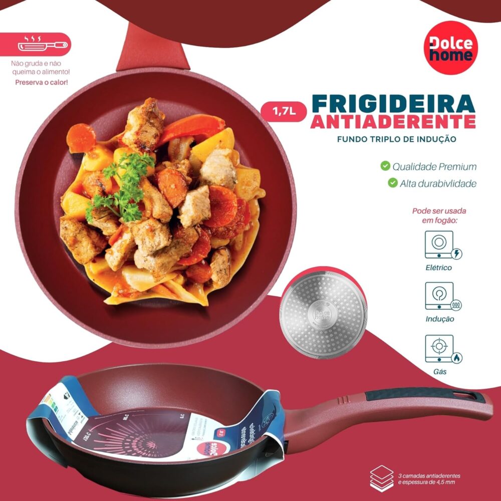 Frigideira Antiaderente Indução 24cm Fundo Triplo Vermelha -... - Image 6