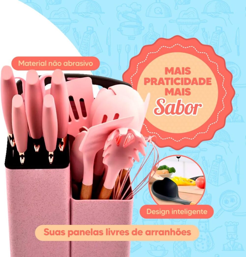 Utensilios para Cozinha Silicone Kit com 19 Peças Cabo Madei... - Image 4
