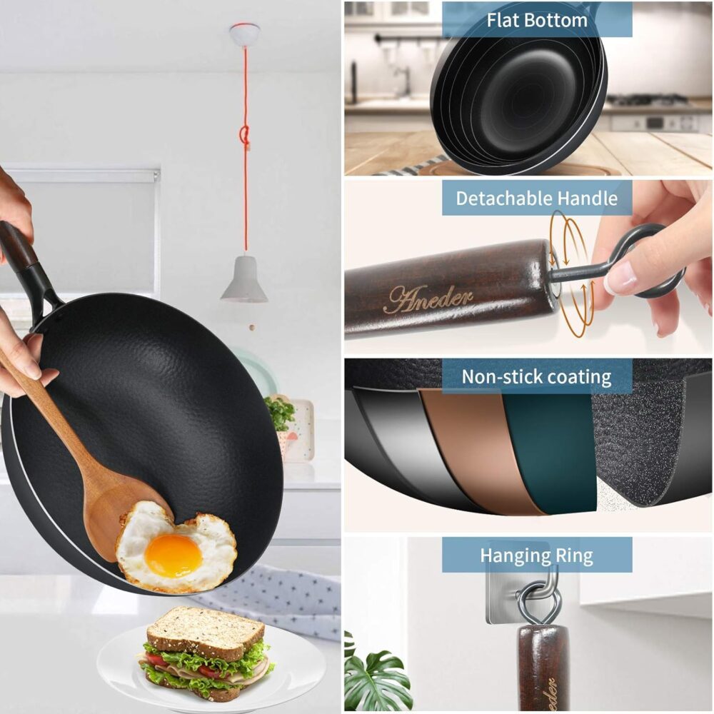 Frigideira Wok de aço carbono com tampa e espátula de madeir... - Image 4