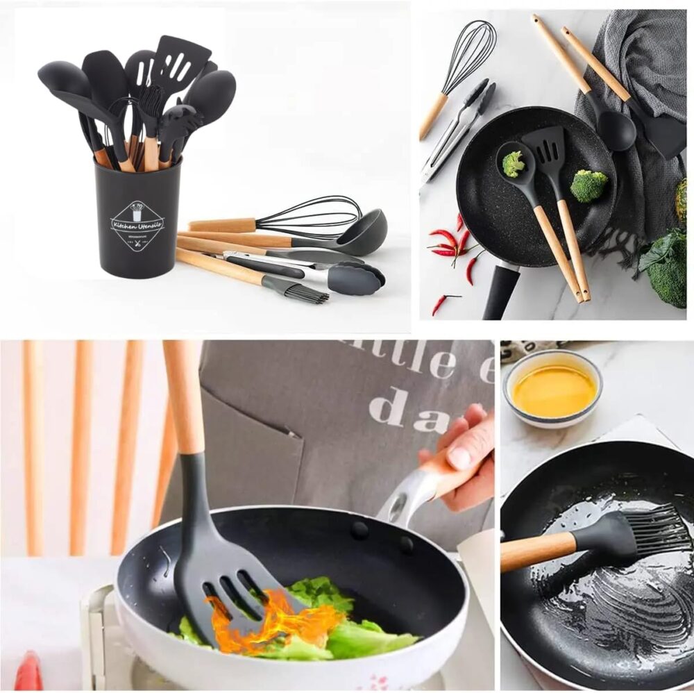 Kit 12 Utensilios de Cozinha Em Silicone E Cabo De Madeira A... - Image 4