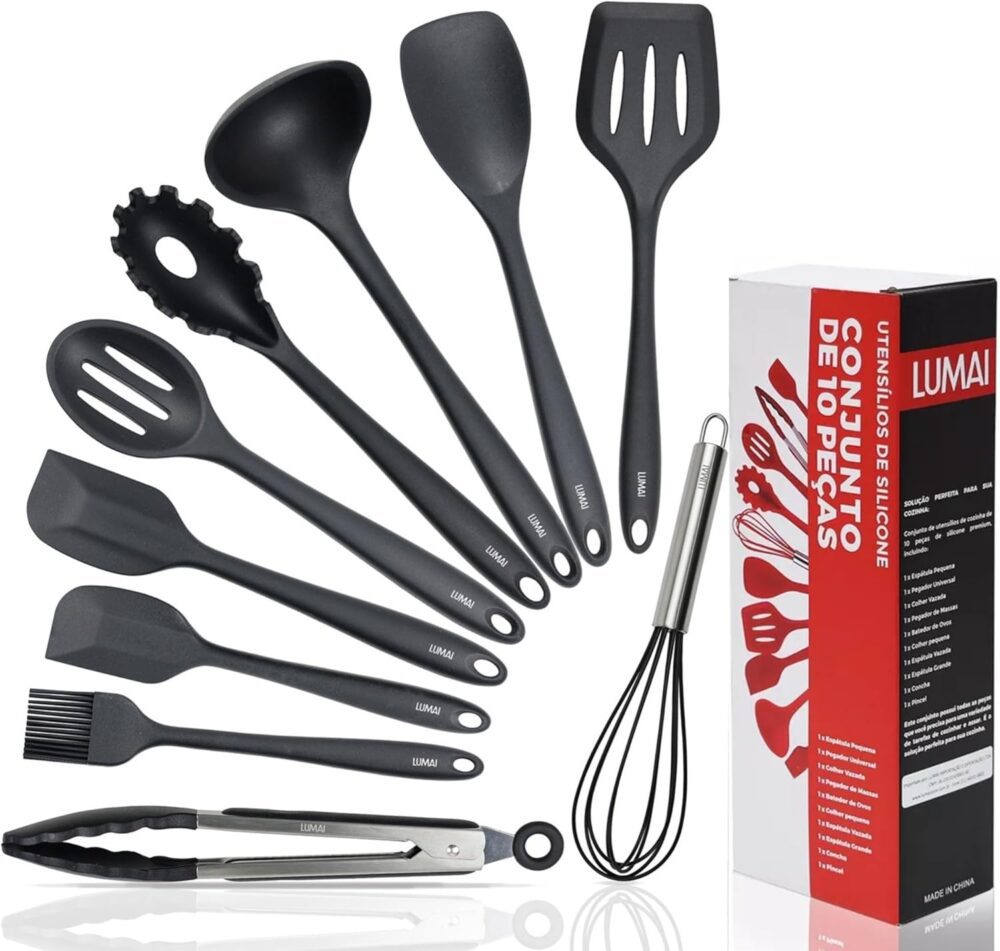 Conjunto Kit Utensílios De Cozinha Silicone Inox - Jogo de U...