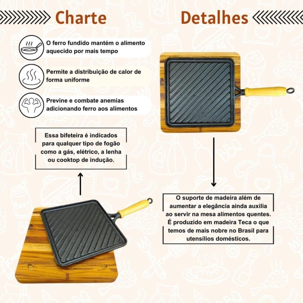 Chapa De Ferro Fundido Com Suporte Madeira Conjunto para Coz... - Image 3