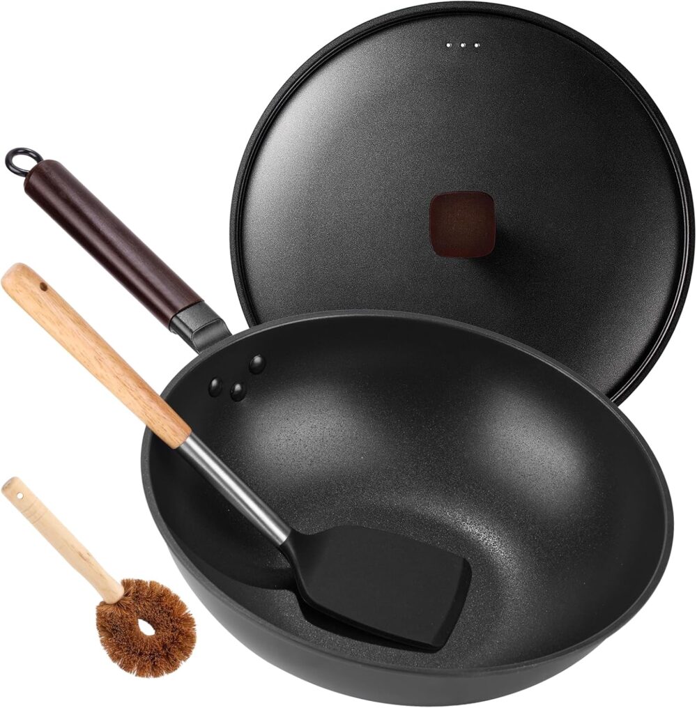 Frigideira Wok de aço carbono - Frigideira Wok de 32,8 cm co...