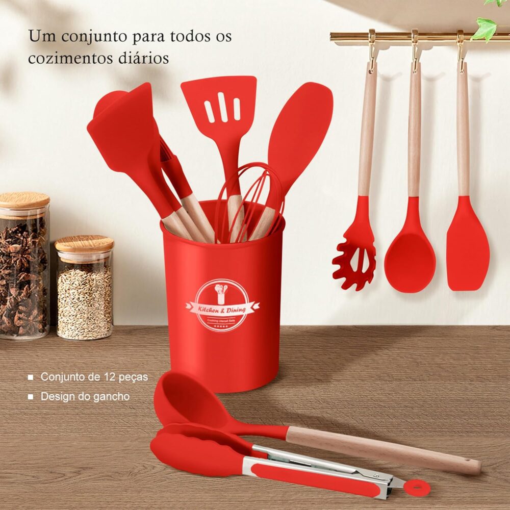 Conjunto de Utensílios de Cozinha de Silicone com Cabo de Ma... - Image 6