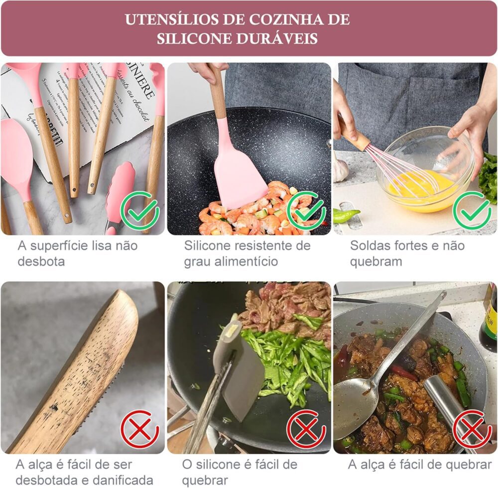 Conjunto de Utensílios de Cozinha de Silicone com Cabo de Ma... - Image 5