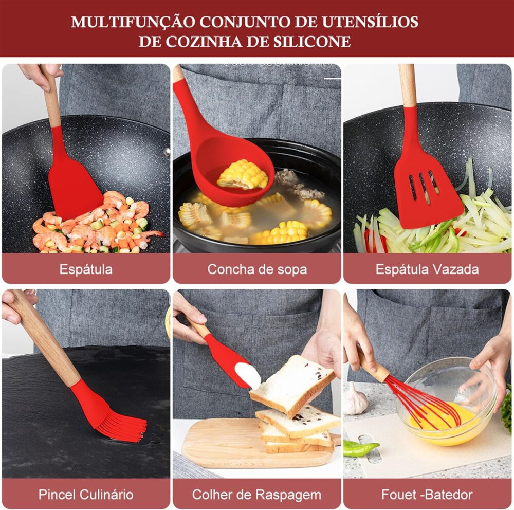 Conjunto de Utensílios de Cozinha de Silicone com Cabo de Ma... - Image 4