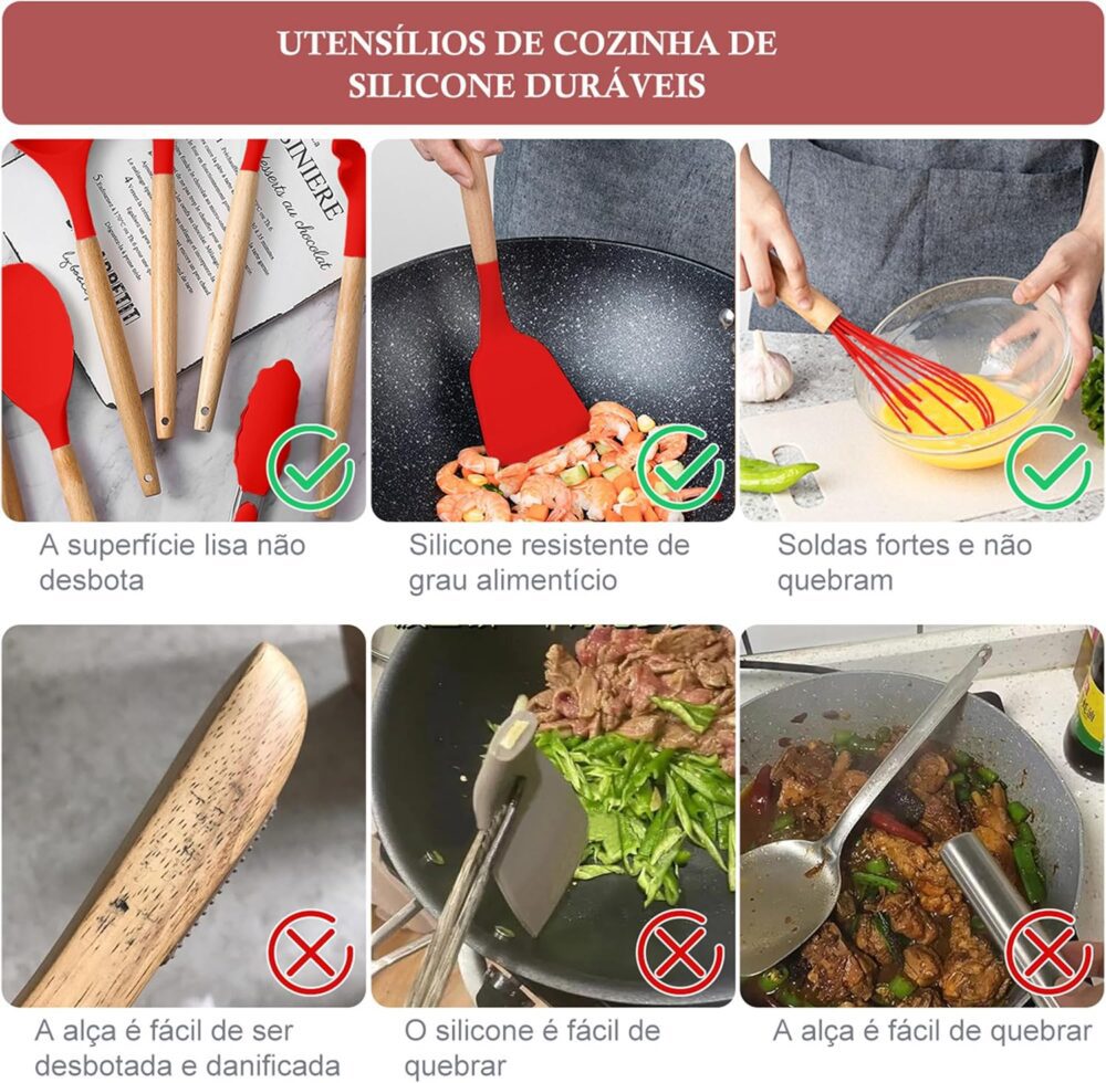 Conjunto de Utensílios de Cozinha de Silicone com Cabo de Ma... - Image 5
