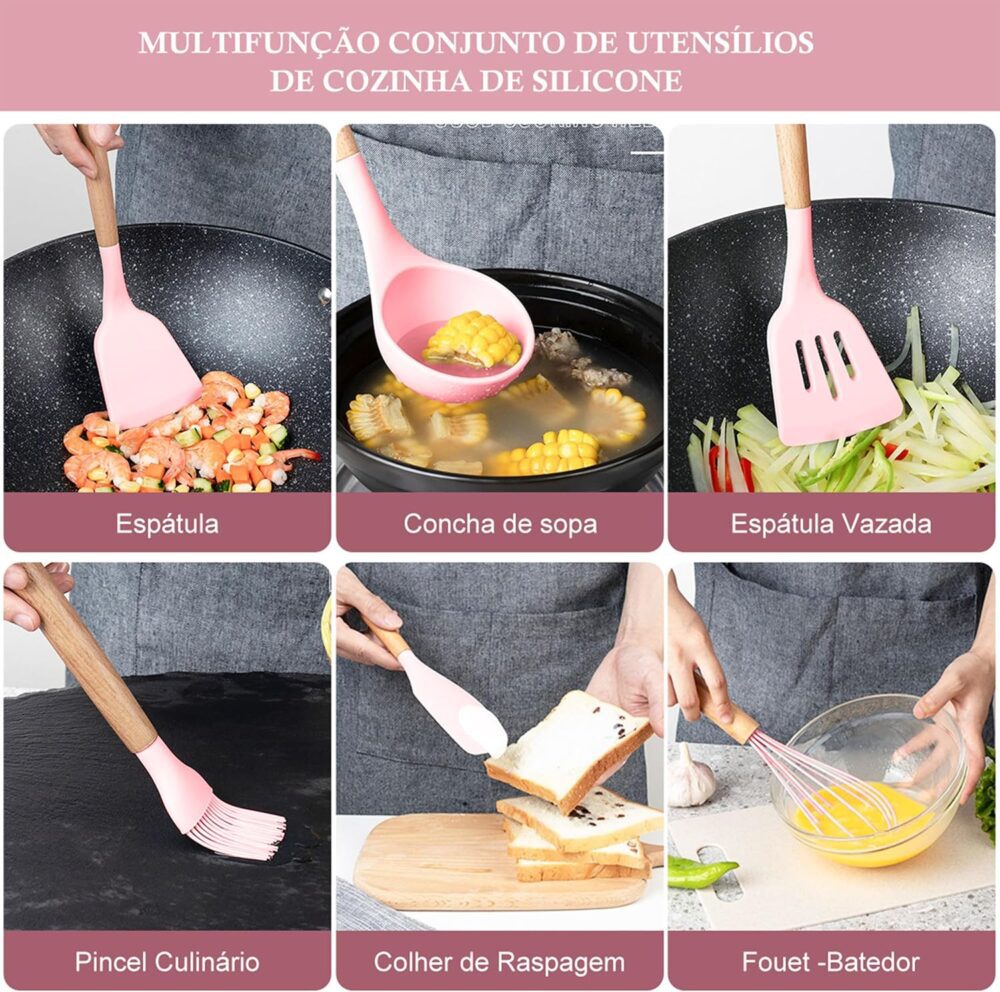 Conjunto de Utensílios de Cozinha de Silicone com Cabo de Ma... - Image 4